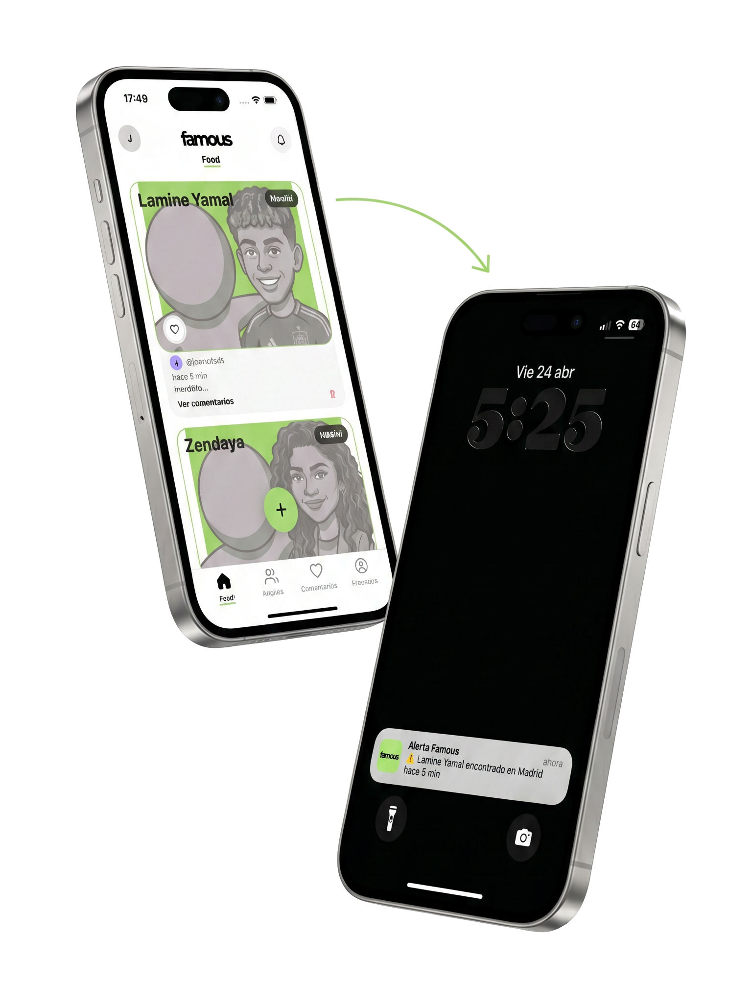 Vista de Famous con el feed y una alerta en dos iPhone